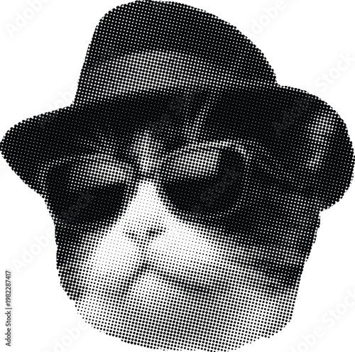 Cool Cat Wearing Fedora Hat and Sunglasses, Minimalist Halftone Vector Illustration, Black and White Retro Feline Portrait
