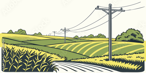 Stylized countryside landscape with utility poles and power lines landscape countryside electricity transmission agriculture infrastructure environment illustration