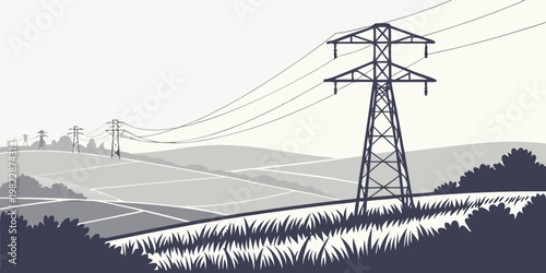 High voltage electricity pylon structure in a rural agricultural landscape with rolling fields and grassy hillsides in a monochrome illustration electricity transmission