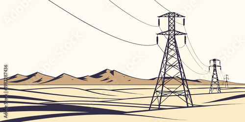 Foto High voltage power pylons in a vast arid desert mountain landscape with electric