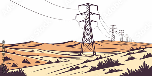 Power transmission towers crossing a dry sandy desert landscape illustration with electricity landscape transmission electric infrastructure engineering illustration