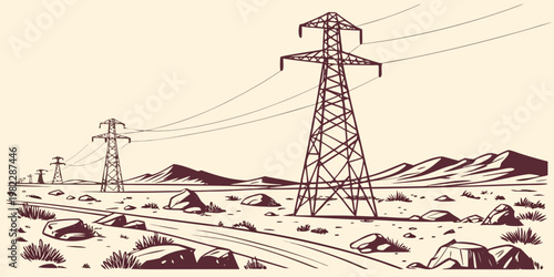 Steel high voltage power towers in a rocky desert landscape illustration with electricity landscape transmission electric infrastructure engineering illustration environment