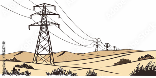 High voltage electricity transmission towers in desert landscape with electricity transmission infrastructure landscape electrical industry structure technology background
