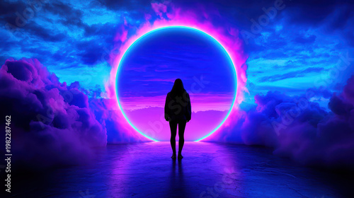 Woman standing on platform, silhouetted against vibrant neon circle, surrounded by colorful clouds and dramatic sky