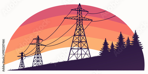 Electric power transmission towers at sunset with electricity transmission infrastructure electrical industry structure technology background illustration silhouette