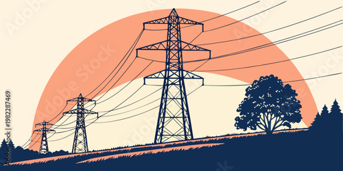 Electrical pylons transmission towers landscape with sunset electricity transmission landscape infrastructure electrical industry structure technology background