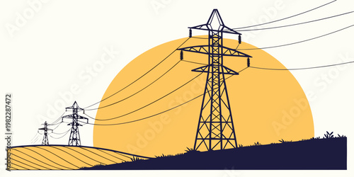 High voltage power transmission pylons against large sunset with electricity transmission infrastructure electrical industry structure technology background illustration