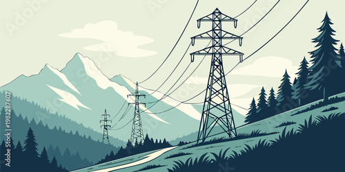 Graphic illustration of high voltage towers and electrical lines in a mountain forest landscape with electricity mountain landscape transmission electric infrastructure