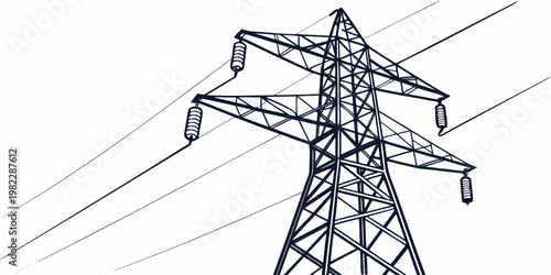 High voltage electrical transmission tower against white background with electricity transmission electrical infrastructure distribution industrial technology engineering