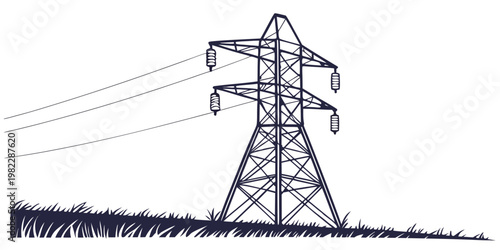 Electrical transmission tower standing in grassy field illustration with electricity transmission infrastructure electric electrical distribution industrial technology
