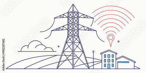 Electricity transmission tower connected to house with wireless signal symbol electricity wireless communication transmission infrastructure connection distribution