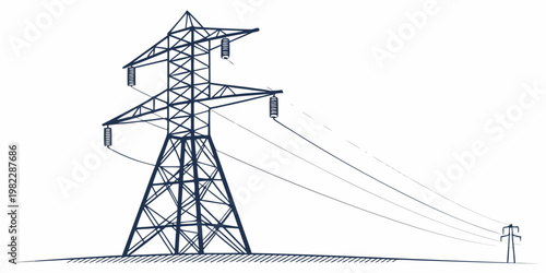 Graphic drawing of a large power pylon with transmission lines stretching into the distance electricity transmission electrical infrastructure distribution industrial