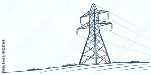 Graphic illustration of a high-voltage electrical transmission tower standing in a field with electricity transmission infrastructure electrical distribution industrial