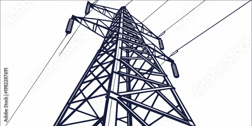 Low angle graphic illustration of a metal power transmission tower reaching towards the sky with electricity transmission infrastructure industrial electrical engineering