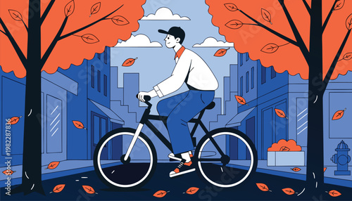 Man riding bicycle on city street with autumn trees in orange hues vector illustration
