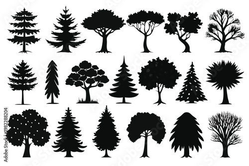 set different types of trees silhouette line art vector illustration with a white background