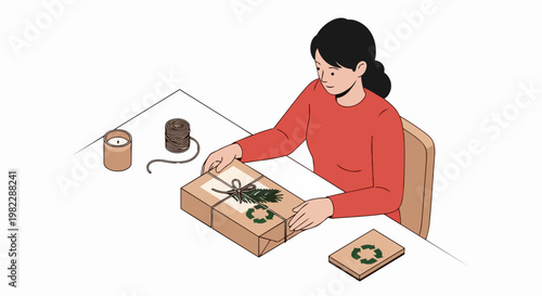 Woman Wrapping Eco-Friendly Gift with Recycled Paper and Sustainable Materials Illustration