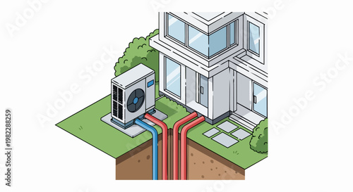 Isometric Illustration of a Modern Residential Heat Pump System for Sustainable Home Heating and Cooling