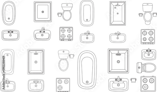 Top view vector set of bathroom and kitchen fixtures in thin line style