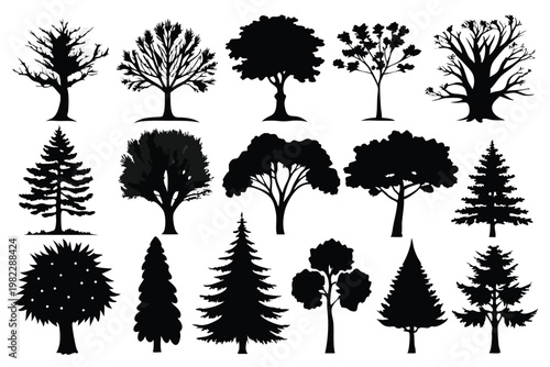 set different types of trees silhouette line art vector illustration with a white background