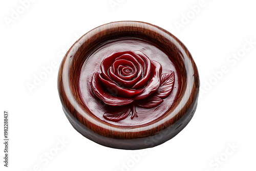 A circular wax seal with a pressed rose emblem in deep red, isolated on a white background 
