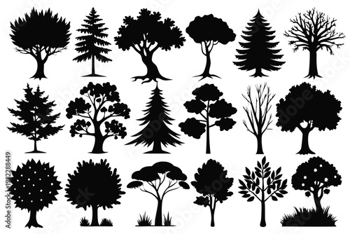 set different types of trees silhouette line art vector illustration with a white background