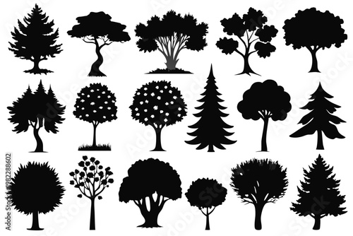set different types of trees silhouette line art vector illustration with a white background