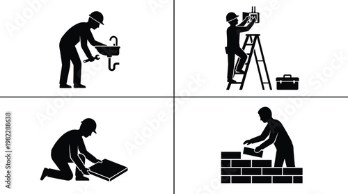Professional construction worker silhouette set featuring plumber repairing sink, electrician on ladder, mason laying bricks, and laborer installing floor tiles for home renovation