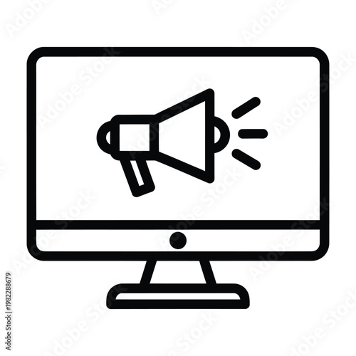 Online marketing campaign announcement on computer monitor icon with social media public relations line art marketing