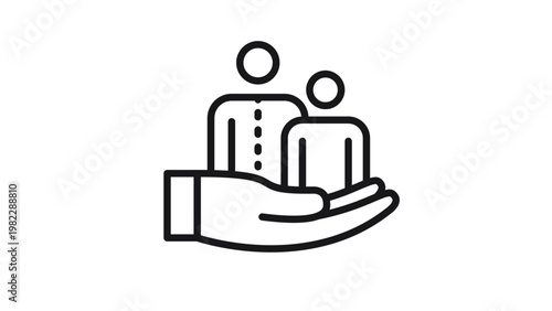 Minimalist black line vector icon illustration of a hand holding two human figures, symbolizing family care, life insurance, social protection, support, and community welfare services.
