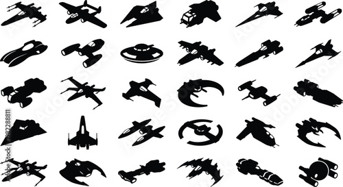 A collection of 30 distinct black and white futuristic spaceship and alien vehicle designs.