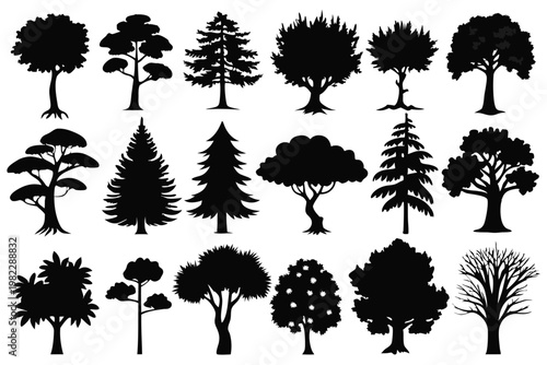 set different types of trees silhouette line art vector illustration with a white background