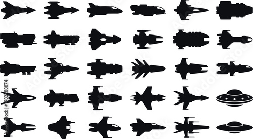 A collection of 30 distinct black and white spaceship and fighter jet silhouettes.