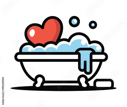 Bathtub holds a heart in soapy bubbles.
