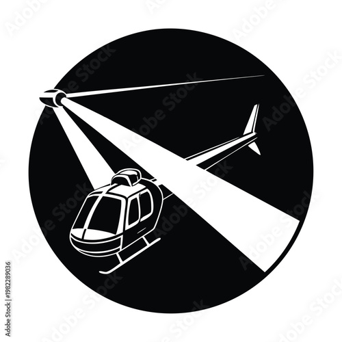 Black helicopter icon, night flight, searchlight beam, vector illustration, aircraft symbol