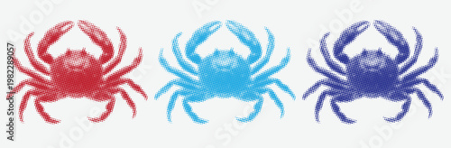 Minimalist Crab Vector Set, Red Blue and Cyan Crustacean Illustration Collection, Isolated Marine Animal Stickers