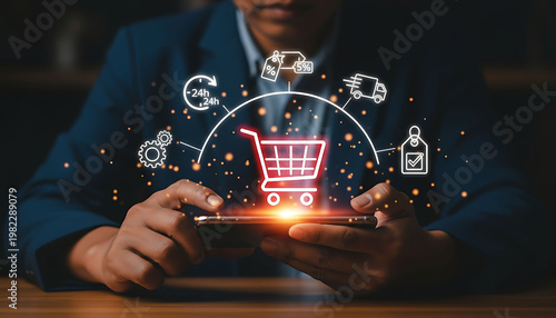 E commerce online shopping concept with man holding smartphone and icons