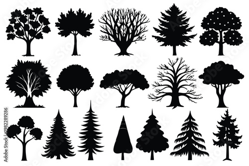 set different types of trees silhouette line art vector illustration with a white background