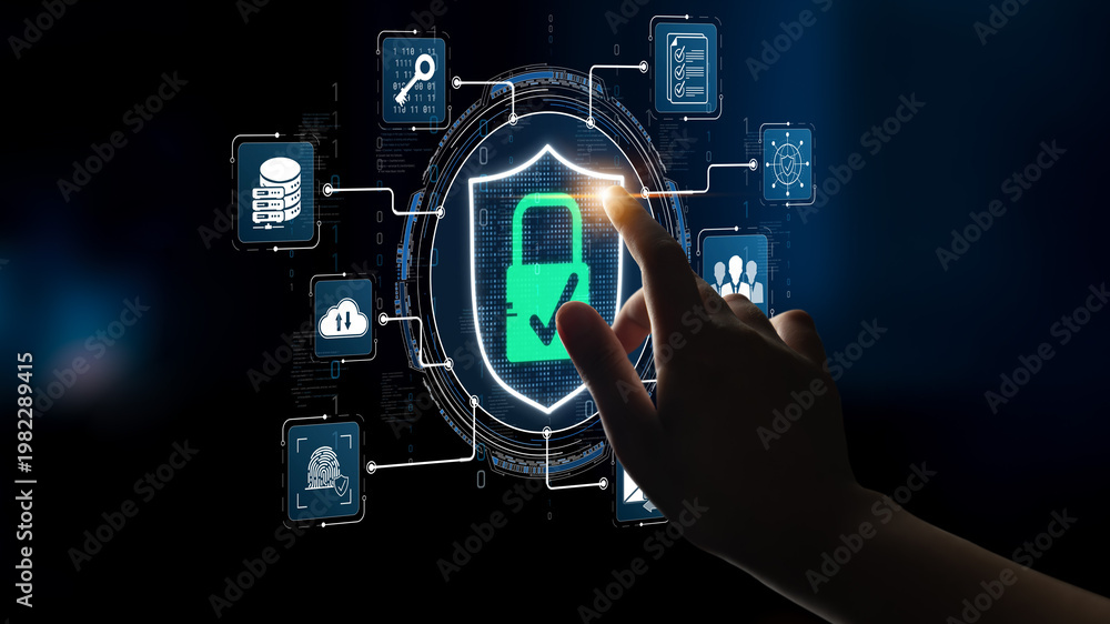 Obraz premium Digital interface showing cybersecurity elements with a hand interacting with a padlock symbol representing data protection and online safety measures Sigmoid