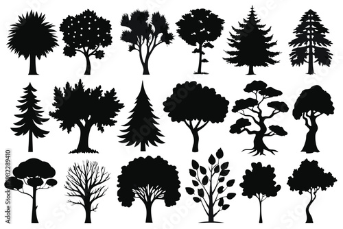 set different types of trees silhouette line art vector illustration with a white background