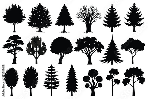 set different types of trees silhouette line art vector illustration with a white background