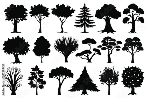 set different types of trees silhouette line art vector illustration with a white background
