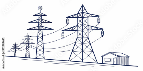 High voltage electrical transmission towers and power lines in a linear illustration style with electricity transmission infrastructure electrical distribution industrial
