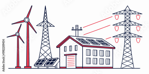 Sustainable energy infrastructure with wind turbines and solar panels icon renewable electricity infrastructure sustainable technology illustration environment transmission