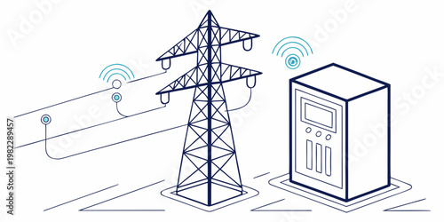 Smart power grid station with electrical transmission tower and monitoring equipment electricity technology monitoring infrastructure transmission electric engineering