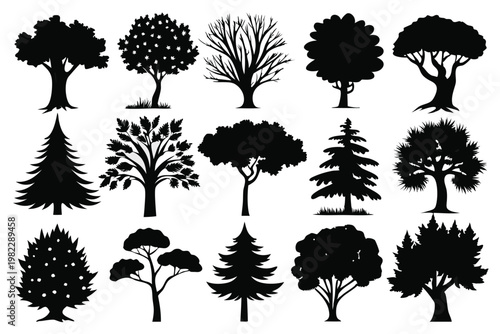 set different types of trees silhouette line art vector illustration with a white background