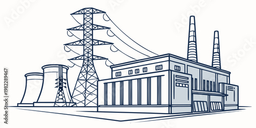 Industrial power plant with cooling towers and transmission lines industrial electricity transmission infrastructure electrical engineering illustration production