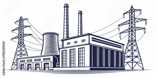 Large scale industrial power plant with transmission towers industrial electricity transmission infrastructure electrical engineering illustration production generation