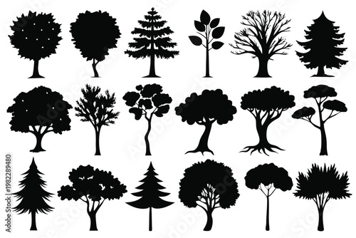 set different types of trees silhouette line art vector illustration with a white background