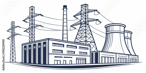 Industrial power plant with cooling towers and transmission electricity pylons illustration electricity industrial infrastructure transmission industrialization distribution
